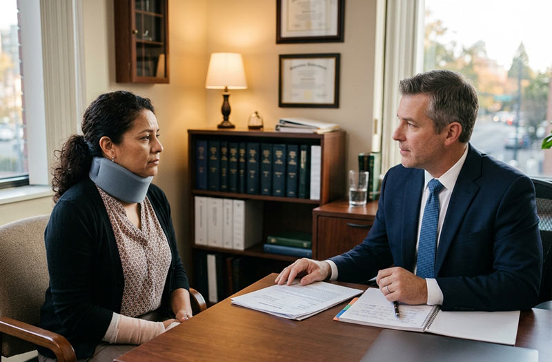 A woman consulting a personal injury attorney about Compensation for Pain and Suffering After a Car Accident